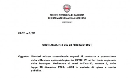 RAS – Ordinàntzia n.4/2021 de su Presidenti de sa Regioni